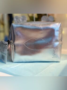 Yves Saint Laurent Silver Metallic Lip Embossed Cosmetic Pouch